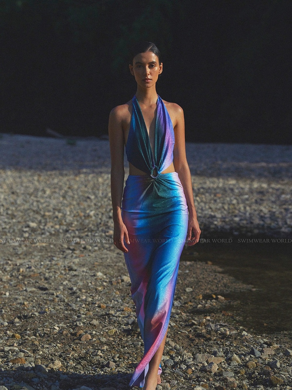 Halter Gradient Maxi Dress in Teal, Pink & Black